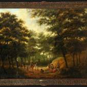 Hackaert, Jan, zugeschr., ca. 1629 - 1685 Amsterdam Öl/Lwd, doubl., 90 x 117 cm, " Waldlandschaft mit rastender Jagdgesellschaft ",  Mindestpreis:	15.000 EUR