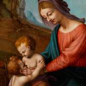 592 Piero di Cosimo, 1462 Florenz - 1521  MADONNA MIT KIND UND DEM JOHANNESKNABEN Öl auf Holz. Durchmesser: 91,5 cm. Gerahmt.  Schätzpreis: € 500.000 - 800.000