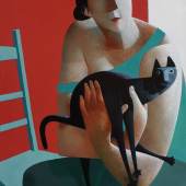 Galerie Augustin - Innsbruck/Wien, PETER HARSKAMP, Geboren 1951 in Den Haag, „Sitzende mit Katze und grünem Stuhl“, 2017, Öl auf Leinwand, 100 x 80 cm , signiert unten rechts, Preis € 18.700,--