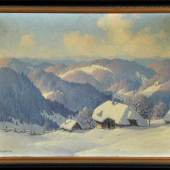 Hauptmann, Karl, 1880 Freiburg/Breisgau - 1947 Todtnau Öl/Sperrholzplatte, 30 x 39,5 cm, " Verschneiter Schwarzwaldhof in weiter Landschaft ", Mindestpreis:	2.800 EUR