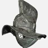 Gladiatorenhelm: Weltweit sind lediglich etwa zehn solcher Helme bekannt. Dieser wurde bei den Ausgrabungen in Pompeji gefunden (Bronze, 1. Jh. n. Chr.; Museo Archeologico Nazionale, Neapel).