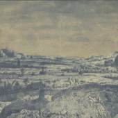 Hercules Segers, Mountain Valley with Fenced Fields, 1625-30. Etching and drypoint, brush and colours. Rijksprentenkabinet, Rijksmuseum, Amsterdam