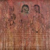 Hermann Nitschs Grablegung, Triptychon #11, 2006, Strichradierung/Kaltnadel auf Kupfer, Vernis Mou auf Aluminium auf Schüttbild/Papier (197 x 291 cm), Galerie Hilger 