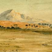 Eduard Hildebrandt (1817/18-1869) zeigt eine Zeltstadt einer Reiternomaden-Sippe. Diese liegt in einer weiten Landschaft, im Hintergrund Palmen und eine Gebirgskette. Das Limit liegt bei 2.800 €.