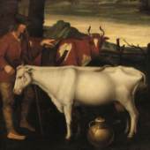641 Milchmädchen 17./18.Jh. Gemälde nach dem Kupferstich “Das Milchmädchen” v. Lucan van Leyden (1489/94 – 1533) a.d. Jahre 1510.- Der Knecht bringt gerade die Kühe zum Stall, damit die Magd diese melken kann. Zwischen ihnen steht bildparallel eine Kuh u. eine Milchkanne..- Von musealer Qualität.- Öl a. Holz, unsign. Def., Risse, Retuschen. 80 x 124 cm, gerahmt (Def., wurmstichig) m. Beleuchtung. Schätzpreis 3.400 EUR