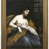 Hl. Agatha im Gefängnis. Klassizistischer Rahmen. Öl/Leinwand/Leinwand. 135 x 104 cm (75171)
Dargestellt ist der Moment, in dem Agatha von Catania nach erlittenem Martyrium in stillem Gebet im Kerker verweilt. Das Tuch hält sie über die abgeschnitten Brüste. Laut christlicher Überlieferung erschien der hl. Petrus der standhaften Christin im Kerker, um ihre Wunden zu heilen. 