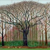 David Hockney, Bigger Trees near Warter or / ou Pein- ture sur le Motif pour le Nouvel Age Post-Pho- tographique, 2007 Öl auf Leinwand, 50-teilig, je 91.4 x 121.9 cm, total 457.2 x 1219.2 cm Tate: Schenkung des Künstlers 2008, © David Hock- ney
