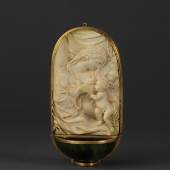  Holy Water Font. Carved ivory relief, with bloodstone bowl, mounted in gold, old inventory label versoItaly, early 17th century   Mullany