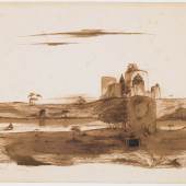 Victor Hugo, Landschaft mit See, Ruine und Schloss, 1837, Feder, braune Tusche laviert auf Papier, Musée des Beaux-Arts, Dijon, Donation Granville, DG 503, Foto: Dénes Józsa