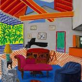 David Hockney Montcalm Interior with Two Dogs 72 by 60 in. 182.9 by 152.4 cm Painted in 1988. Estimate $9/12 Million