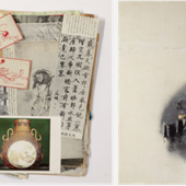 Li Yuan-Chia, artist sketchbook with clippings (left); John Latham, Great Noit, 1962 (right)