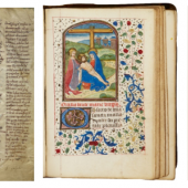 Left: A manuscript of the "Comoediae" of Terenz, written in the 13th century Centre: Book of Hours, Use of Rome, in Latin [southern Netherlands (Bruges), c.1460-70 Right: John James Audubon, The Birds of America from drawings made in the United States, printed in New York between 1840 and 1844 in 7 volume