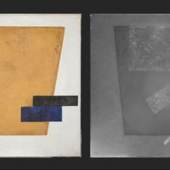 Left: Suprematist Composition with Plane in Projection Right: a transmitted infrared image of the painting