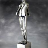 Ernest Trova 1927-2009 Reverse Flowerman 1972 Stainless Steel 83 x 17 x 30 in. Ed. of 6   Renowned sculptor Ernest Trova began his artistic career as many others of his time did, first with cubist painting, then collage, finally graduating to sculpture. Unlike those of his generation however, Trova’s career began in St Louis, outside of the rapidly growing New York City art world. In St Louis, Trova first embarked on the Falling Man series, which was to become the major theme of his work. This series juxtaposing man’s iconic perfection and imperfection, creates a contrasting dialogue between Trova’s vulnerable human forms, and the durable materials of which they are made. These forms discuss man’s literal vs. figurative success and failure, while commenting on his development in the technological age.