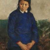 Wenxin Zhang Sitzende junge Frau mit blauer Jacke 1956 Ölgemälde 47 x 38cm Schätzpreis: 8.000 - 10.000 Euro