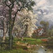 Alois Arnegger, Frühlingsidyll duftig blühende Bäume im hellen Sonnenlicht am Teich, Limitpreis:	1.200 €
