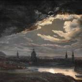 Dahl, Johan Christian Clausen (1788 Bergen - 1857 Dresden) Öl/Lwd. (altdoubliert), "Dresden bei Mondschein", Blick über die Elbe auf die Altstadt
