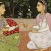 Moghuldame mit Dienerinnen beim Picknick im Haremsgarten, Indien, Ende 17. Jahrhundert, Deckfarben und Gold auf Papier