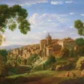 Italienischer Maler des 18. Jh. Undeutl. sign. 1741 dat. Ortsbez. Roma. Idealisierte Landschaft. Blick auf altes Städtchen (Olevano?). Öl/Lwd. 33 x 43,5 cm. R. Rgb.*