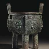 A superbly cast bronze ritual vessel, Li Ding, with animal mask pattern and inscription Late Shang Dynasty, Anyang period phase II (c.1250-1160 BC)  H. 21.7 cm  Joyce Gallery, Hong Kong