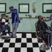 Joy Labinjo, Barbershop, 2023. Oil on canvas, 200 × 250 cm. Photography by Deniz Guzel, courtesy of the artist and Tiwani Contemporary 