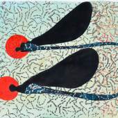 Bild 31: Joanna Klakla, Blackdaragonflies, Holzdruck/Collage auf Papier, 2019, 32&48 cm.gerahmt in weißer Holzleiste mit Museumspassepartout. 580 €