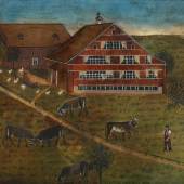 Johann Jakob Heuscher (1843–1901) Bauernhof mit Bauer und Tieren Öl und Gouache auf Papier 32 x 45 cm  bedeutende Privatsammlung, Ostschweiz Schätzpreis:	3.000 - 5.000 CHF