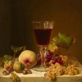 Emilie Preyer (1849 – 1930) Stillleben mit Trauben, Pfirsich, Pflaumen und einer Champagnerflöte | Öl auf Leinwand | 24 x 32 cm Taxe: € 20.000 – 25.000