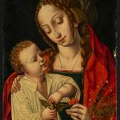 Werkstatt/ Umkreis desJoos van Cleve (1485 – 1540)Die Madonna der Kirschen | Um 1540-1550 Öl auf Holz | 45,5 x 31 cm Taxe: € 20.000 – 30.000
