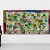   Joan Snyder  Even A Melon Field,  2020–2023  Oil, acrylic, paper mache, burlap, silk, paper, cloth flowers, mud, straw on linen  137.16 x 274.32 cm (54 x 108 in)