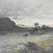 Albert Hertel (1843 - 1912), Gemälde: “Weite mediterrane Landschaft mit Reisigträgerinnen, Packeseln und Hunden”, 1871.  Lot 183