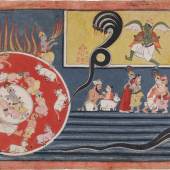 Szenen aus der Vor- und Nachgeschichte des Kaliyadamana. Folio 37 aus einer Bhagavata Purana-Serie, Indien, Bundelkhand, Orchha, ca. 1660–1670, Museum Rietberg, Sammlung Eva und Konrad Seitz, Inv.-Nr. 2021.129