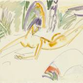 Ernst Ludwig Kirchner, Liegender weiblicher Akt am Fehmarnstrand, 1912, Bleistift und Aquarell auf weißem Papier, 46 x 59 cm, Staatsgalerie Stuttgart