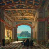 LEO VON KLENZE (Schladen 1784 - 1864 München) Italienische Klosterhalle mit Ausblick auf Capri. 1855. Öl auf Leinwand. 87,2 x 107,7 cm. Verkauft für CHF 78 500