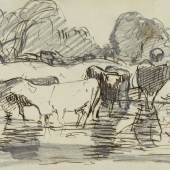 Rudolf Koller, Studie zu «Kühe im Wasser». Aus: Skizzen- buch P 55, fol. 32, vor 1869 Feder in Braun und Grafitstift auf Papier, 16,7 x 10,5 cm Kunsthaus Zürich, 1905