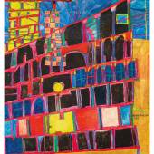  Friedensreich Hundertwasser  "Arkadenhaus und Gelber Turm", 1953 Aquarell auf Papier, Kreidegrund, Zinkweiß und Fischleim auf Leinwand, 123 x 89,5 cm,  Bild: Galerie Sylvia Kovacek Spiegelgasse Gemälde Glas