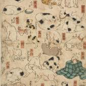 Utagawa Kuniyoshi (1798-1861): "Scherzbild mit Katzen, die die Namen (in den roten Kartuschen) der Stationen am Tokaido verspotten, ca. 1848, Oban -Triptychon, linkes Blatt, 35,7 × 24,2 cm, Sign. »Ichiyosai Kuniyoshi giga«, Museum Kunstpalast, Düsseldorf, Graphische Sammlung