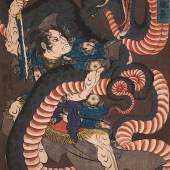 Utagawa Kuniyoshi (1798-1861): "Wada Heita Tanenaga im Kampf mit einer Riesenschlange", ca. 1845, Farbholzschnitt, Oban-Einzelblatt, 36,7 x 25,4 cm, Museum Kunstpalast, Düsseldorf, Graphische Sammlung