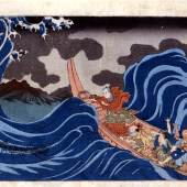 Utagawa Kuniyoshi (1798-1861): "Beschwörung der Wellen auf dem Weg in die Verbannung nach Sado", 1834-1835, Farbholzschnitt, Oban-Einzelblatt, 25,7 × 37,2 cm, sign.: Ichiyosai Kuniyoshi, Museum Kunstpalast, Düsseldorf, Graphische Sammlung