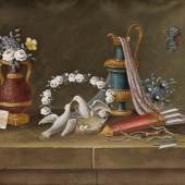 Johann Rudolf Feyerabend, gen. Lelong, Stillleben mit schnäbelnden Tauben, um 1800, Tempera auf Pergament, 21,5 x 16 cm.  Foto: Kunsthandel P. Ohme