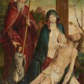 Süddeutscher Meister des frühen 16. Jahrhunderts  Beweinung Christi mit dem Hl. Jakobus und einem Stifter  Öl auf Holz. 60 x 44,5 cm. Schätzpreis: €6.000 - €7.000