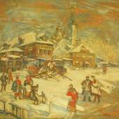 KOROVIN, Konstantin Alexejewitsch. 1861 Moskau - 1939 Paris. Vielfigurige Genreszene in russischer Winterlandschaft. Mindestpreis:	4.500 EUR