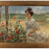 Umberto Veruda 1868 Triest - 1904 Triest - Junge Frau im Rosengarten - Öl/Lwd. 110 x 158 cm. Aufrufpreis:	25.000 EUR