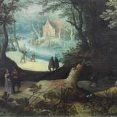 Brueghel d.Ä., Jan, Schule des (16. Jh./17. Jh.)  "Waldlandschaft mit Jägern und höfischem Paar" Mindestpreis:	4.000 EUR