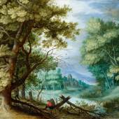 Jan Brueghel d. Ä. Waldlandschaft mit Wanderern Öl auf Kupfer. 16,5 x 22,5 cm. Schätzpreis:	200.000 - 250.000 EUR