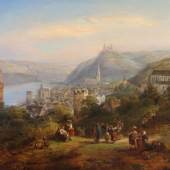 Minjon, Peter Joseph "Blick auf Oberwesel", im Vordergrund Weinlese und Feiernde, Öl auf Leinwand, doubliert, signiert und datiert unten rechts P.J. Minjon 1856, 84 x 102 cm  Mindestpreis:	2.800 EUR