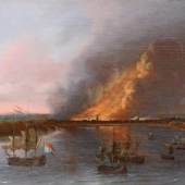 Niederländischer Marinemaler (17. Jh.), "Marine vor der brennenden Stadt Sheerness", Öl auf Holz, 22.5 x 31.5 cm  Mindestpreis:	1.200 EUR