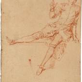 Antoine Watteau (Valenciennes 1684 – 1721 Nogent-sur-Marne) „Étude de jeune homme assis, la jambe droite et la main levées“.  Rötel auf dünnem Büttenpapier. 15,8 × 11 cm ( 6 ¼ × 4 ⅜ in.). Schätzpreis:	70.000 - 90.000 EUR 