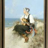 Seeger, Hermann, 1857 Halberstadt - 1945 Öl/Lwd, doubl., 90 x 72 cm, " Mädchen mit Gitarre am Strand ",  Mindestpreis:	4.800 EUR