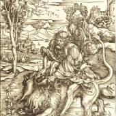 Albrecht Dürer Samson tötet den Löwen Holzschnitt auf Bütten. (Um 1497/98). 38,1 x 27,9 cm (Blattgröße).  Schätzpreis:	40.000 EUR
